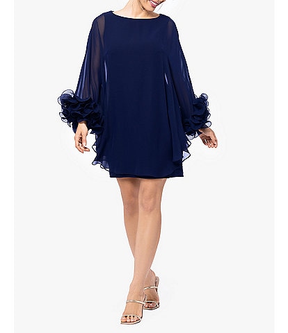 Xscape Boat Neck Sheer Long Cape Sleeve Wire Ruffle Trim Mini Dress