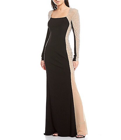 Xscape Caviar Beaded Mesh Panel Long Sleeve Contrast Matte Jersey Square Neck Sheath Gown
