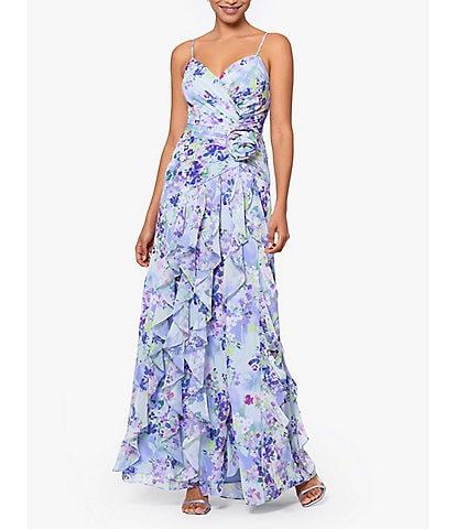 Xscape Chiffon Floral Print V-Neck Sleeveless Ruched Rosette Ruffle Dress