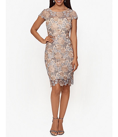 Xscape Floral Embroidered Lace Round Neck Cap Sleeve Sheath Dress