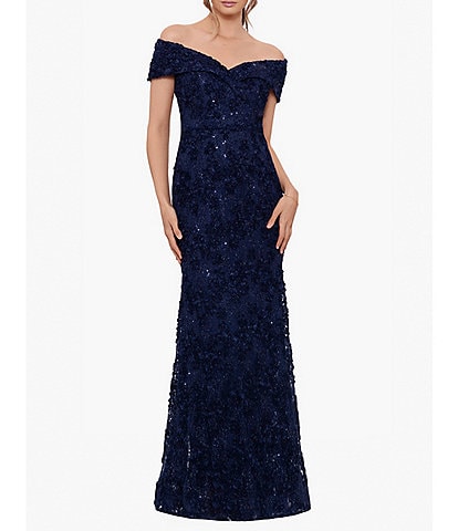 Xscape Embroidered Off-the-Shoulder Short Sleeve Lace Sheath Gown