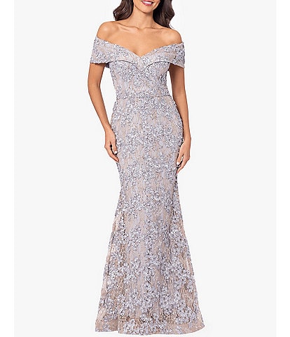 Xscape Embroidered Off-the-Shoulder Short Sleeve Lace A-line Gown