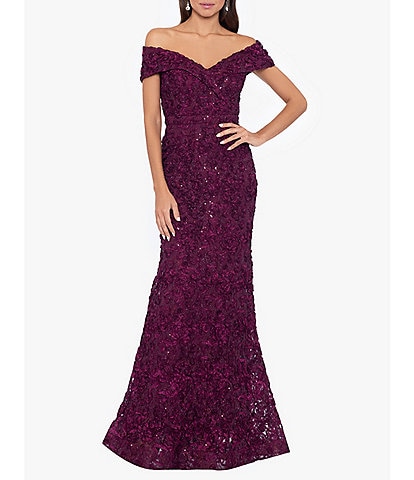 Xscape Embroidered Off-the-Shoulder Short Sleeve Lace Sheath Gown