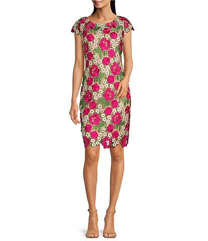 Xscape Floral Embroidered Boat Neck Short Sleeve Sheath Dress