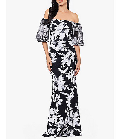 Xscape Floral Off-the-Shoulder Short Puff Sleeve Mermaid Gown