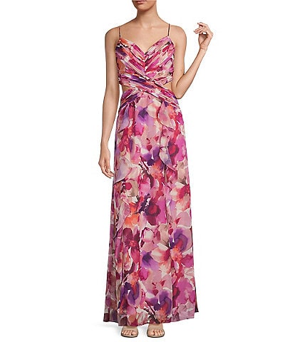 Xscape Floral V-Neck Spaghetti Strap Side Cut-Out Gown