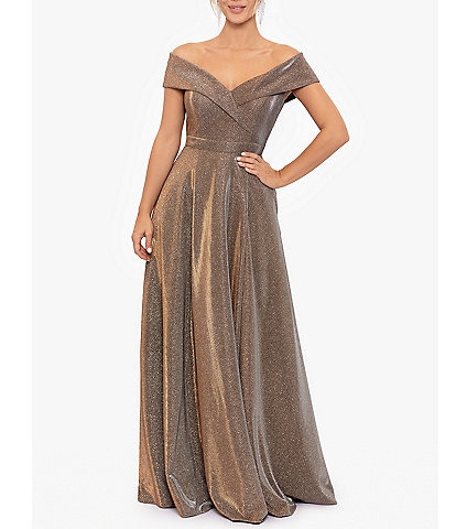 Xscape Glitter Off-The-Shoulder Cap Sleeve Pocketed Gown