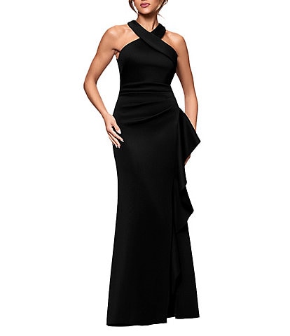 Xscape Halter Neck Scuba Crepe Side Ruffle Sheath Gown