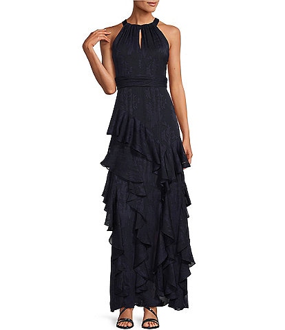 Xscape Halter Neck Sleeveless Tiered Ruffled Gown