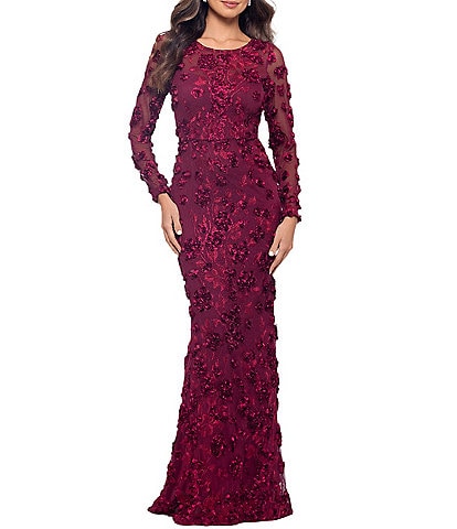 Xscape Illusion 3D Flower Pattern Crew Neck Long Sleeves Sheath Gown