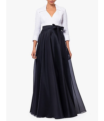 Xscape Jacquard Surplice Collar V-Neck Long Rolled Sleeve Organza Bow Gown