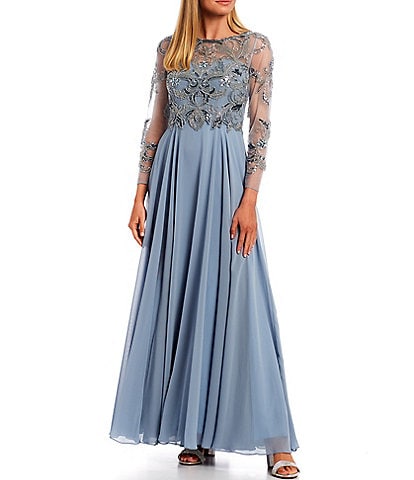 Xscape Round Neck Long Sleeve Floral Beaded Bodice Chiffon Gown