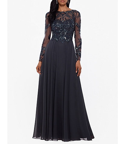 Xscape Illusion Crew Neck Long Sleeve Floral Beaded Bodice Chiffon Gown