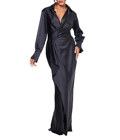 Xscape Long Sleeve Collared V-Neck Satin Dress