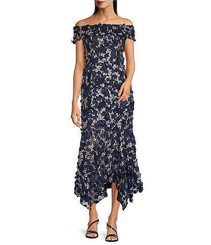 Xscape Off-the-Shoulder Short Sleeve Embroidered Floral Lace Handkerchief Hem Mermaid Gown