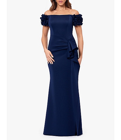 Xscape Off-the-Shoulder 3D Floral Sleeve Gathered Cascading Ruffle Gown