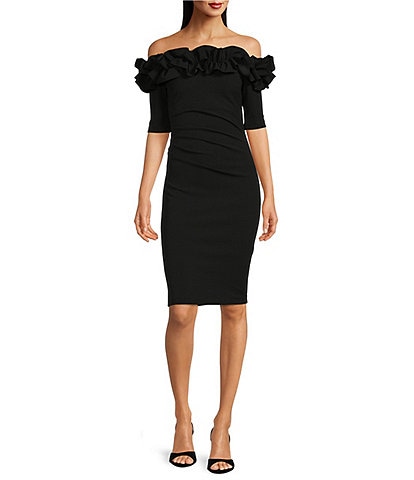 Xscape Off-the-Shoulder Ruffle Neck Short Sleeve Stretch Scuba Crepe Dress