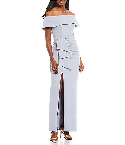 Xscape Off-the-Shoulder Ruched Side Bow Short Sleeve Scuba Crepe Thigh High Slit Gown