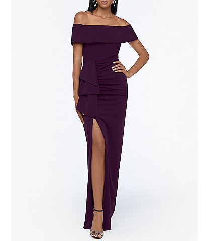 Xscape Off-the-Shoulder Ruched Ruched Waist Scuba Crepe Thigh High Slit Gown