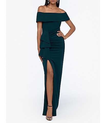 Xscape Off-the-Shoulder Ruched Side Bow Short Sleeve Scuba Crepe Thigh High Slit Gown