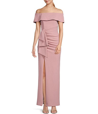 Xscape Off-the-Shoulder Ruched Ruched Waist Scuba Crepe Thigh High Slit Gown