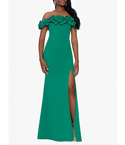 Xscape Off-the-Shoulder Cap Sleeve Ruffled Thigh High Slit Crepe Gown