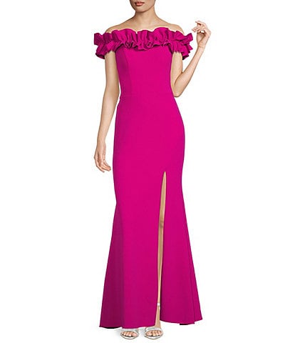 Xscape Off-the-Shoulder Cap Sleeve Mermaid Ruffle Thigh High Slit Crepe Gown