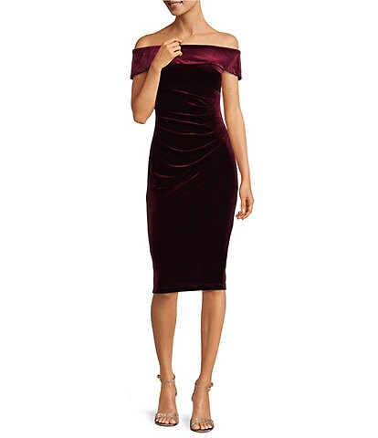 Xscape Off-the-Shoulder Stretch Velvet Side Ruching Short Sleeve Sheath Dress