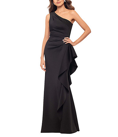 Xscape One Shoulder Side Ruffle Scuba Crepe Gown