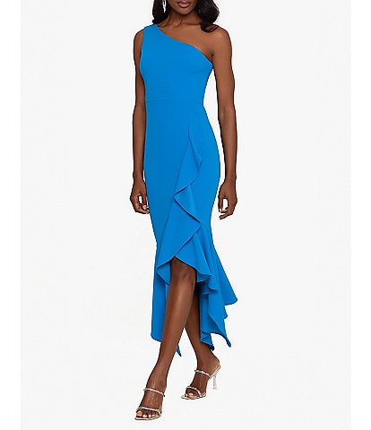Xscape One Shoulder Sleeveless Stretch Crepe Ruffle Asymmetrical High-Low Gown