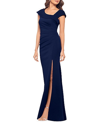 Xscape Petite Size Asymmetrical Neck Cap Sleeve Sheath Gown