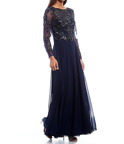 Xscape Petite Size Beaded Bodice Chiffon Long Sleeve Boat Neck A-Line Gown