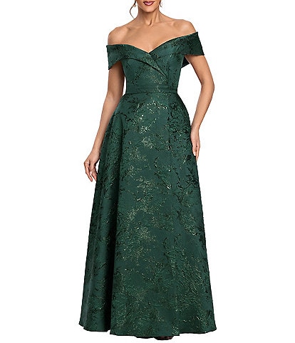 Xscape Petite Size Brocade Print Off-The-Shoulder Gown