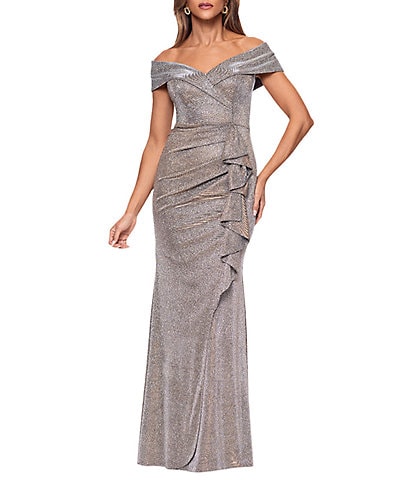 Xscape Petite Size Foil Knit Off The Shoulder Gown