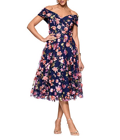 Xscape Petite Size Off-The-Shoulder Portrait Collar A-Line Dress