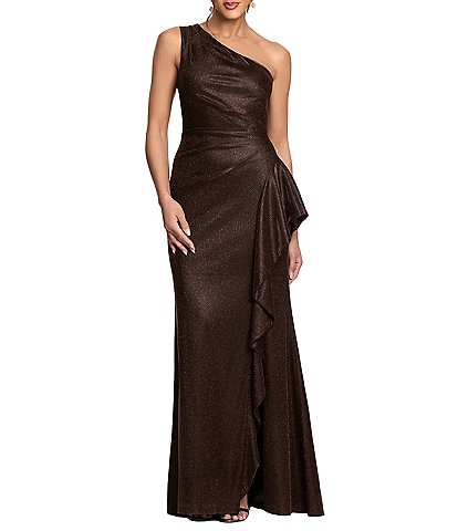 Xscape Petite Size One Shoulder Glitter Knit Cascading Ruffle Long Dress