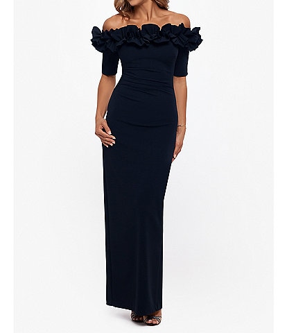 Xscape Petite Size Ruffled Off-the-Shoulder Short Sleeve Crepe Sheath Gown