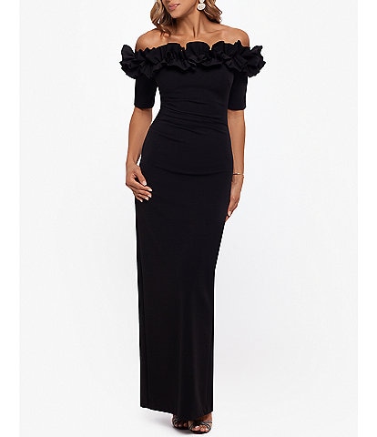 Xscape Petite Size Ruffled Off-the-Shoulder Short Sleeve Crepe Sheath Gown