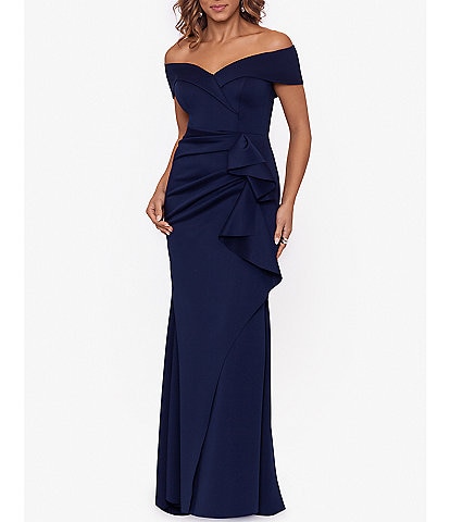 Xscape Petite Size Short Sleeve Off-The-Shoulder Sweetheart Neck Cascade Ruffle Scuba Gown