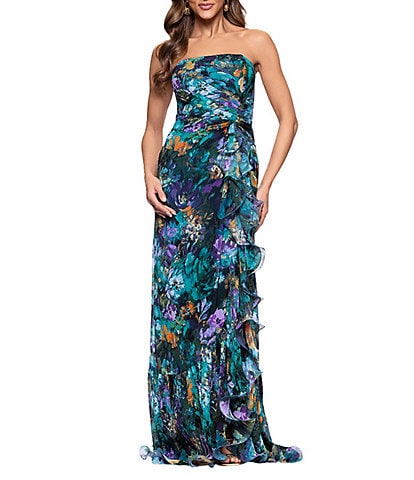 Xscape Petite Size Strapless Floral Print Ruffle Maxi Gown