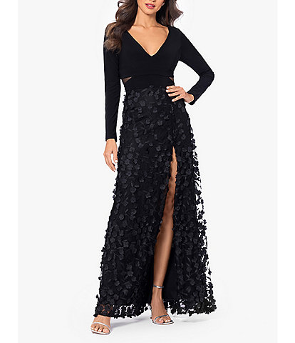 Xscape Petite Size V-Neck Long Sleeve 3D Petal Effect Gown