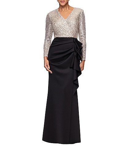 Xscape Petite V Neck Long Sleeve Cascading Ruffle Sequin Detail Long Gown