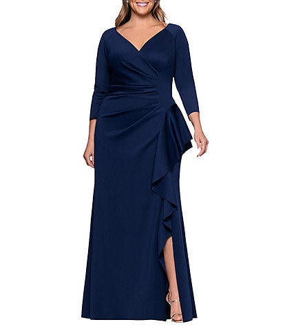 Xscape Plus Size 3/4 Sleeve Ruched Scuba Gown