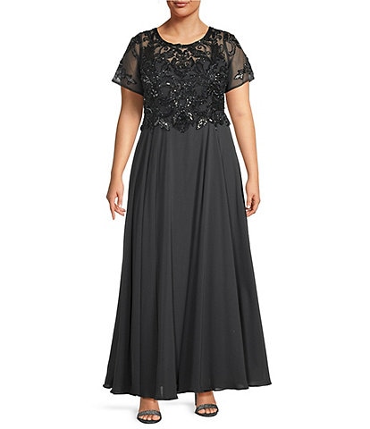 Xscape Plus Size Beaded Bodice Round Neck Short Sleeve Chiffon A-Line Gown