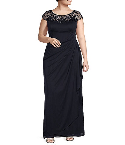 Xscape Plus Size Beaded Cap Sleeve Illusion Crew Neck Ruched Gown