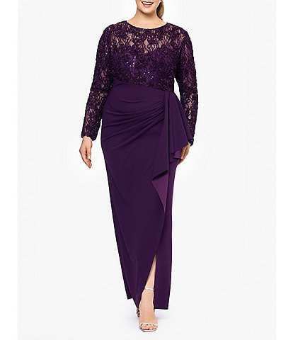 Xscape Plus Size Boat Neck Illusion Sleeve Ruched Waist Lace Gown