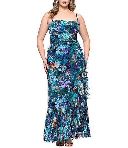 Xscape Plus Size Chiffon Strapless Floral Print Wrap Front Ruffle Dress