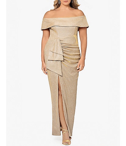 Xscape Plus Size Glitter Metallic Off-The-Shoulder Short Sleeve Gathered Ruffle Side Slit Sheath Gown