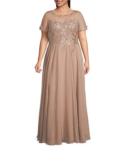 Xscape Plus Size Illusion Boat Neck Embroidered Sequin Bodice Chiffon Gown