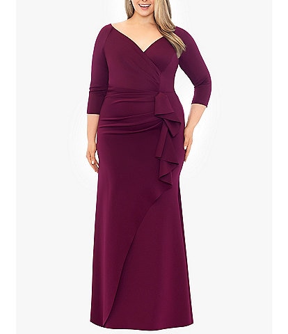 Xscape Plus Size Long Sleeve Surplice V-Neck Side Ruching Long Dress